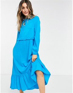 Голубое свободное платье миди с завязкой на вороте New look