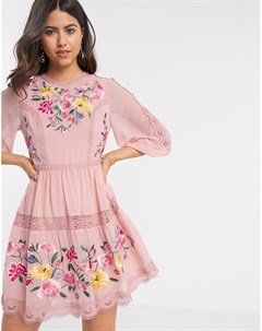 Розовое короткое приталенное платье с кружевной отделкой и вышивкой Asos design