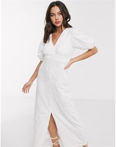 Белое чайное платье макси с вышивкой ришелье и объемными рукавами Asos design