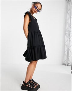 Черное ярусное мини платье с V образным вырезом Only