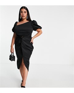 Платье миди асимметричного кроя черного цвета с узлом и пышными рукавами ASOS DESIGN Curve Asos curve