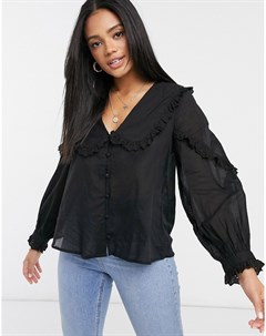 Черная блузка с вышивкой ришелье на оборках Asos design