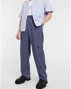 Темно синие строгие брюки с широкими штанинами в тонкую полоску с карманами карго Asos design