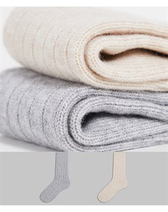 Набор из 2 пар носков в рубчик из смесовой шерсти бежевого и серого цветов Selected homme