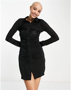 Черное присборенное платье рубашка мини с длинными рукавами Pimkie