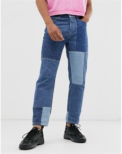 Синие джинсы классического кроя в стиле пэтчворк Topman