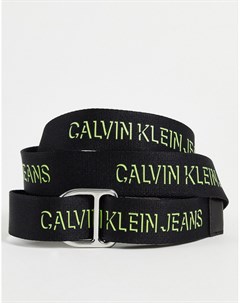 Черный ремень с D образным кольцом и логотипом лаймового цвета Calvin klein jeans
