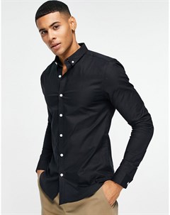 Черная приталенная оксфордская рубашка с длинными рукавами New look