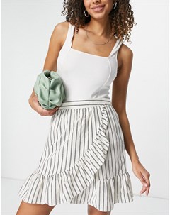 Мини юбка из органического хлопка на запахе с оборками и принтом в белую полоску Vero moda