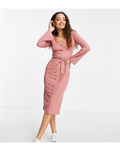 Платье миди пыльно розового цвета в рубчик с V образным вырезом Petite Miss selfridge