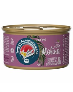 Влажный корм для кошек с тунцом и анчоусами кусочки в желе в консервах 70 г Molina