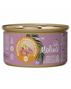 Влажный корм для кошек с цыпленком и креветками кусочки в соусе в консервах 70 г Molina