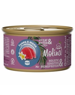Влажный корм для котят и кошек с тунцом кусочки в желе в консервах 70 г Molina