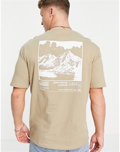 Светло коричневая oversized футболка из органического хлопка с принтом гор на спине Selected homme