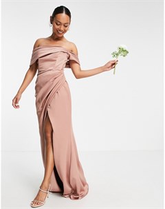 Атласное платье макси коричневато розового цвета с открытыми плечами драпировкой и запахом Asos edition
