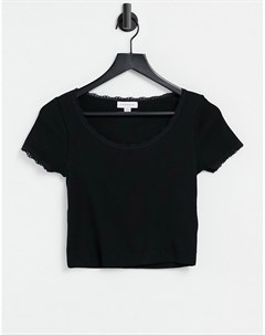Черная футболка с овальным вырезом и кружевной отделкой Topshop