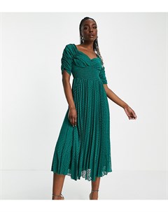 Зеленое плиссированное платье миди из шевронной ткани добби со сборками спереди и присборенной талие Asos tall