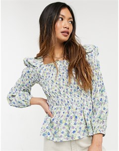 Кремовая присборенная блузка с мелким цветочным принтом River island