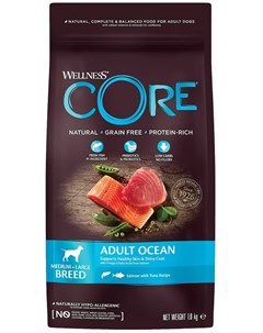 Сухой корм Ocean беззерновой с лососем и тунцом для собак 1 8 кг Wellness core