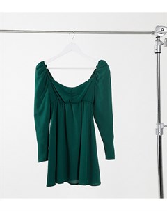 Фактурное короткое приталенное платье темно зеленого цвета с рюшами на лифе ASOS DESIGN Petite Asos petite