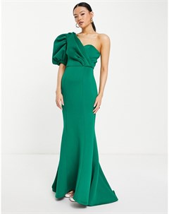Изумрудно зеленое платье макси с асимметричным пышным рукавом Genevieve Jarlo