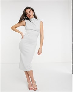 Бледно серое платье миди с открытой спиной высоким воротником и подплечниками Asos design
