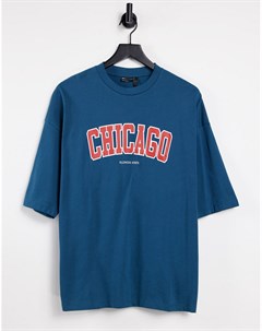 Синяя oversized футболка с принтом Chicago из органического хлопка Asos design