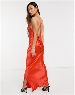 Блестящее атласное платье комбинация макси раскаленно красного цвета на бретельках со шнуровкой на с Asos design