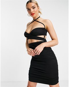 Черное облегающее платье мини со сборками и перекрестным дизайном спереди Unique21