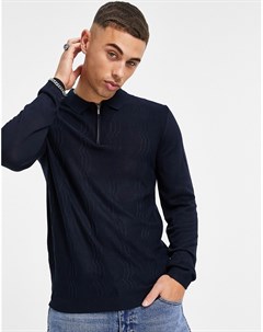 Темно синее трикотажное поло с зигзагообразным узором Topman