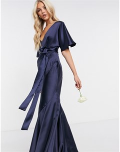 Темно синее атласное платье макси с рукавами кимоно поясом и юбкой клиньями Bridesmaid Asos design
