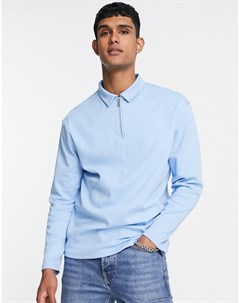 Голубая трикотажная футболка поло с длинными рукавами и молнией Topman