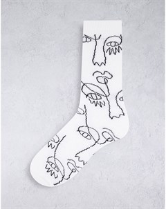 Белые спортивные носки с принтом лиц в рукописном стиле Asos design