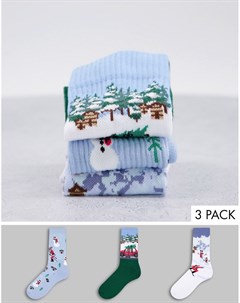 Набор из 3 пар спортивных носков с новогодними принтами с ландшафтами и Санта Клаусом на лыжах Asos design