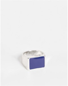 Серебристое кольцо печатка с эмалированной вставкой темно синего цвета DesignB Designb london