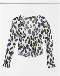 Белая рубашка в леопардовой расцветке с длинными рукавами завязкой и глубоким вырезом I saw it first