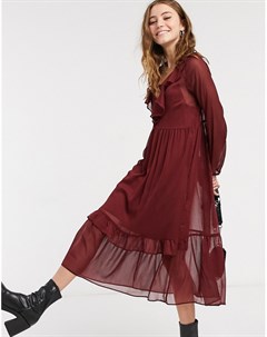 Бордовое шифоновое платье миди с оборками New look
