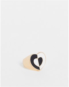 Кольцо черно белым с сердечком с покрытием эмалью Vintage supply