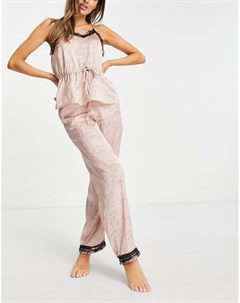 Розовая атласная пижама с кружевной отделкой и абстрактным принтом Vero moda