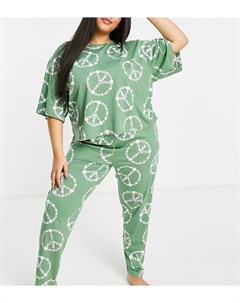 Эксклюзивный зеленый пижамный комплект с цветочным пацификом из укороченной футболки и джоггеров ASO Asos curve