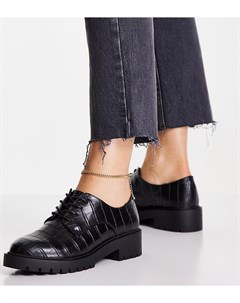 Черные туфли на массивной подошве с эффектом крокодиловой кожи и шнуровкой New look wide fit