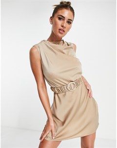 Атласное платье мини светло бежевого цвета с высокой горловиной с драпировкой и присборенным поясом Asos design