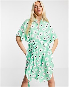 Зеленое платье рубашка миди с цветочным принтом из экологичных материалов Mimmi Monki