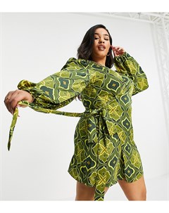 Эксклюзивное зеленое платье мини с запахом поясом и геометрическим принтом Never fully dressed plus