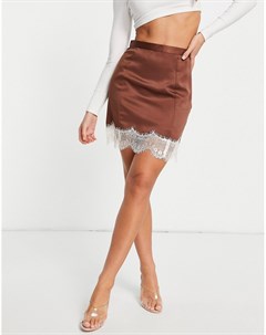 Атласная мини юбка шоколадного цвета с кружевной отделкой и разрезами Asos design