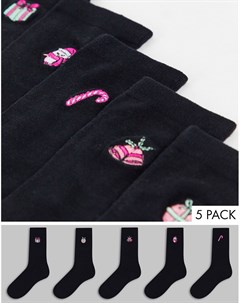 Набор из 5 пар черных новогодних носков с изображением подарков Brave soul