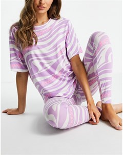 Комфортный кремово фиолетовый пижамный комплект с oversized футболкой леггинсами и зебровым принтом Asos design