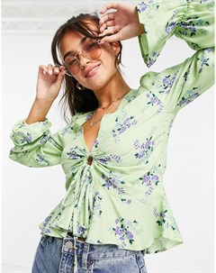 Зеленая блузка с V образным вырезом длинными рукавами цветочным принтом и присборенным дизайном спер Asos design