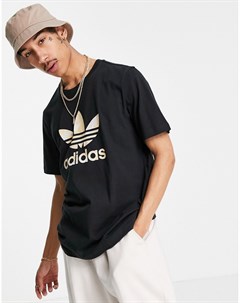 Черная футболка с логотипом трилистником камуфляжной расцветки Adidas originals
