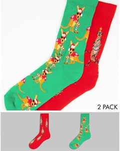 Набор из 2 пар спортивных носков с новогодним принтом кенгуру и сурикатов Asos design